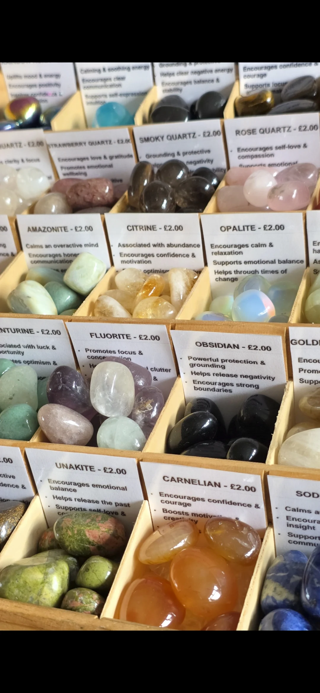 Trays of tumble stones, each labelled